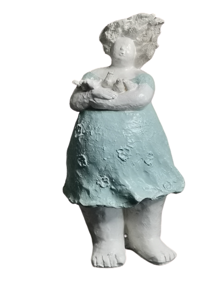 EXNER DEKO FIGUR SKULPTUR CRIVA FRAU MIT TAUBEN HÖHE 32 cm MODERN ABSTRAKT