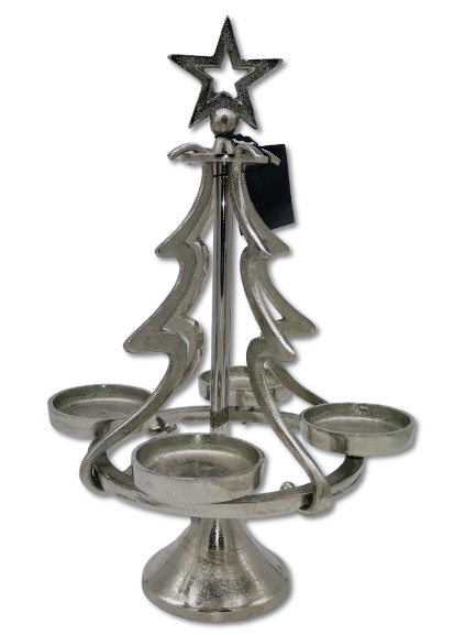 COLMORE DEKO KERZENHALTER X-MAS BAUM H 36cm WEIHNACHTEN TISCHDEKO ALU RAW SILBER