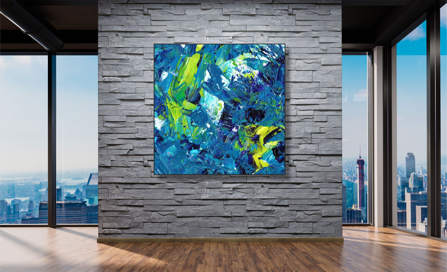WANDBILDER ALURAHMEN ABSTRAKTE BILDER WOHNZIMMER 120x120 KUNST BLAU