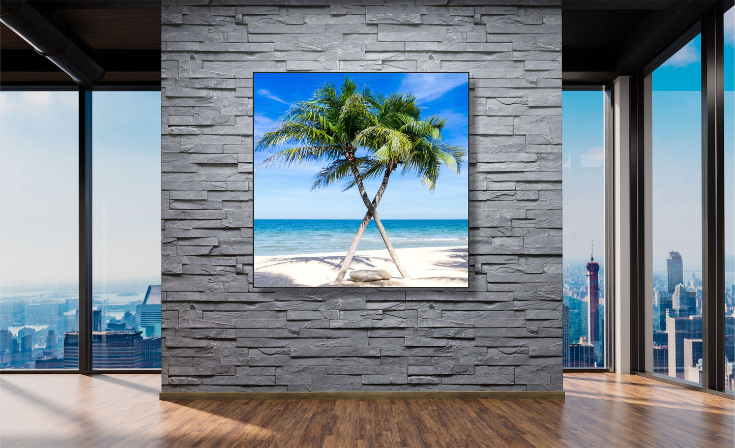 WANDBILDER ALURAHMEN NATUR BILDER WOHNZIMMER 120x120 PALMEN STRAND