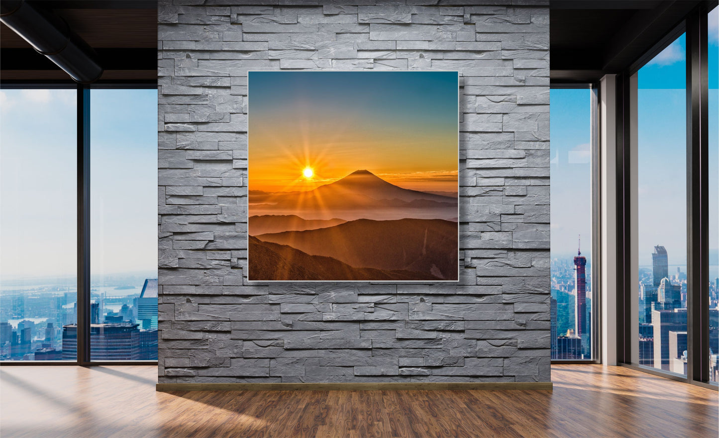 WANDBILDER ALURAHMEN NATUR BILDER WOHNZIMMER 120x120 BERGE SONNE