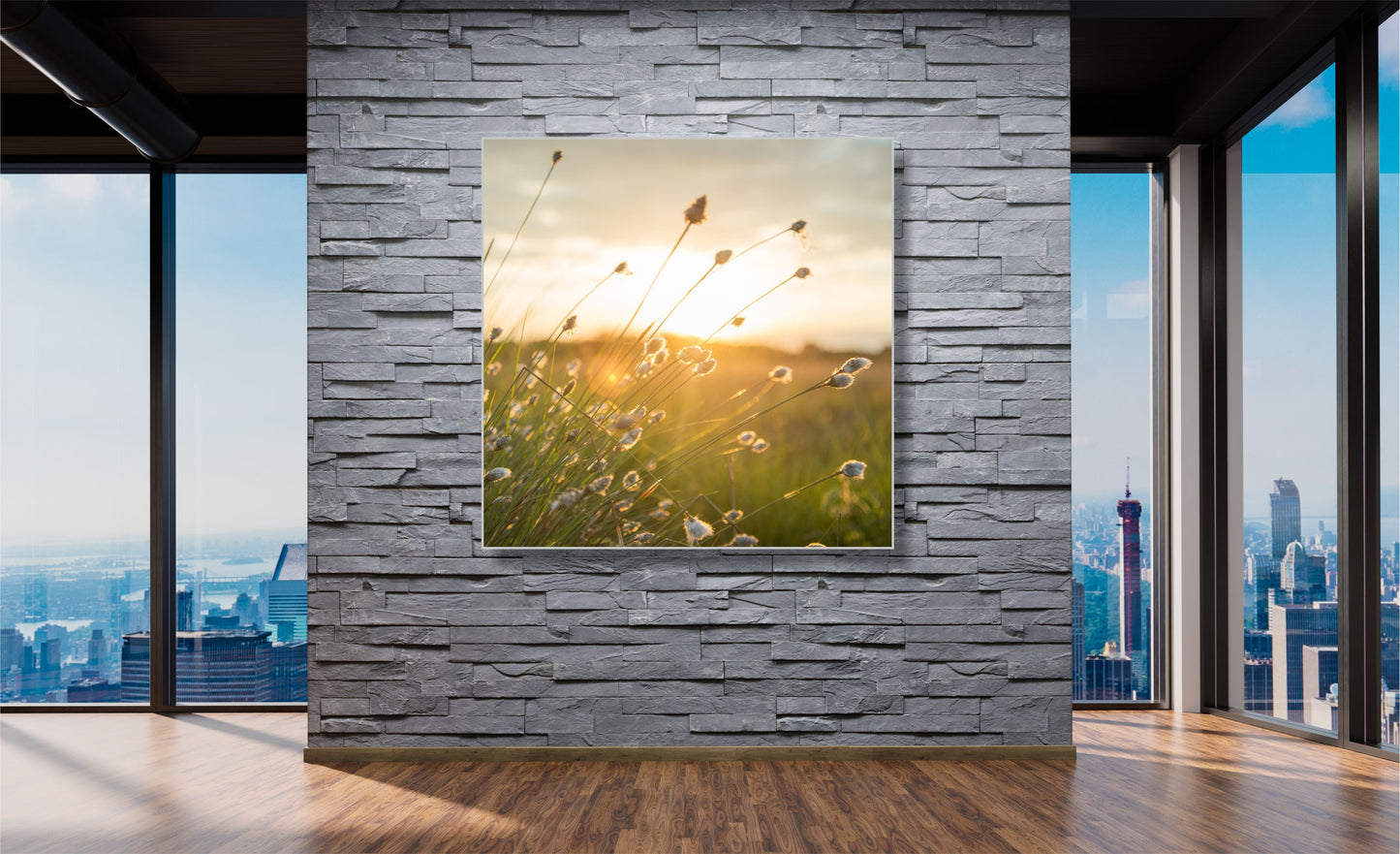 WANDBILDER ALURAHMEN NATUR BILDER WOHNZIMMER 120x120 WIESE SONNE