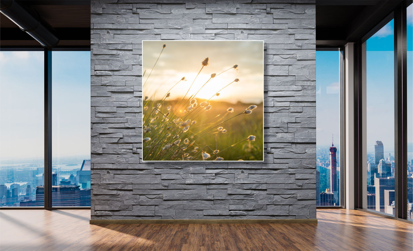 WANDBILDER ALURAHMEN NATUR BILDER WOHNZIMMER 120x120 WIESE SONNE
