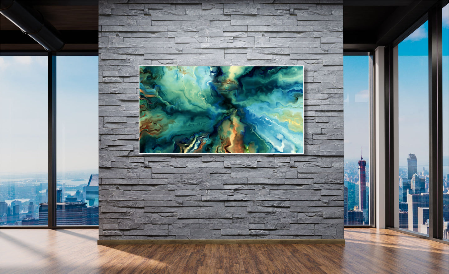 WANDBILDER XXL ALURAHMEN ABSTRAKTE BILDER WOHNZIMMER 150x80 KUNST BLAU GRÜN