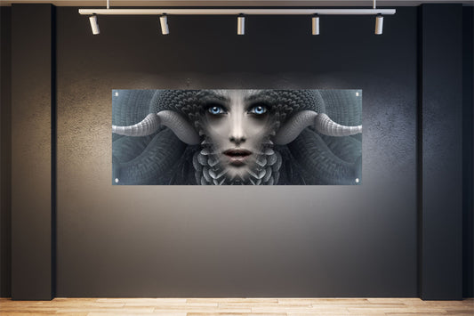 Wandbild  Poster Banner 160x60 cm Fantasie Frau Fantasie Hörner Innen Außen