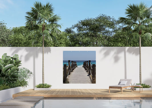 Outdoor Bild Banner Außen Gartenposter Wetterfest 180x180 cm Holzbrücke Meer Wellen