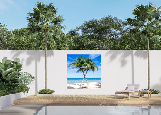 Outdoor Bild Banner Außen Gartenposter Wetterfest 180x180 cm Palmen Meer Strand