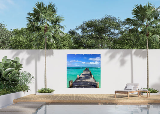 Outdoor Bild Banner Außen Gartenposter Wetterfest 180x180cm Holzsteg Meer