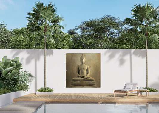 Outdoor Bild Banner Außen Gartenposter Wetterfest 180x180cm Buddha Stein