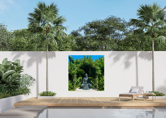 Outdoor Bild Banner Außen Gartenposter Wetterfest 180x180cm Buddha Garten