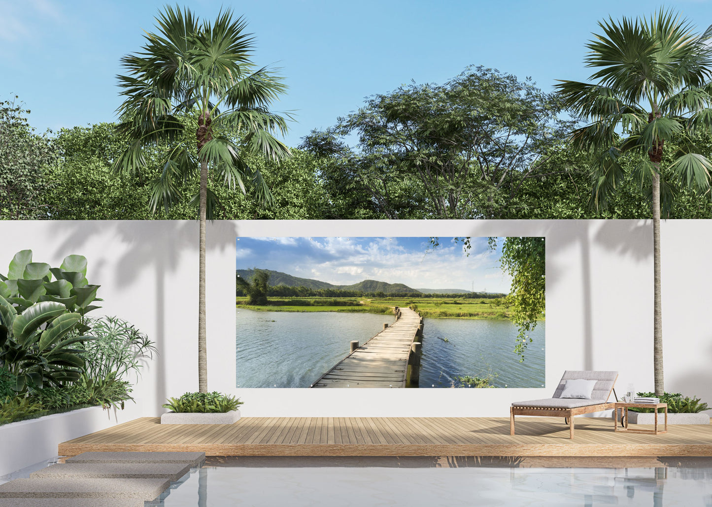Outdoor Bild Banner Außen Gartenposter wetterfest 370x180 Landschaft See Holzsteg