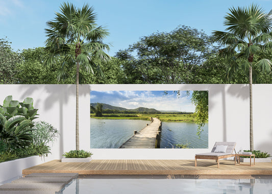 Outdoor Bild Banner Außen Gartenposter wetterfest 370x180 cm Landschaft See Holzsteg