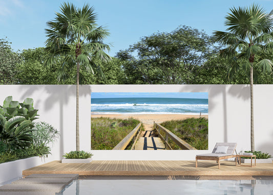 Outdoor Bild Banner Außen Gartenposter wetterfest 370x180 cm Holzbrücke Strand Meer