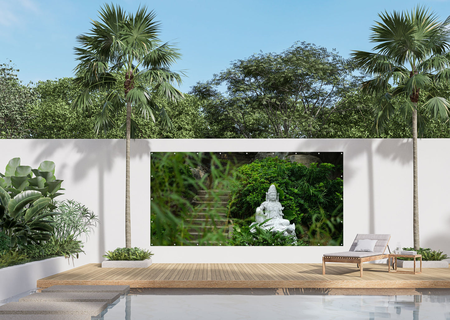Outdoor Bild Banner Außen Gartenposter wetterfest 370x180 Buddha Garten Treppe