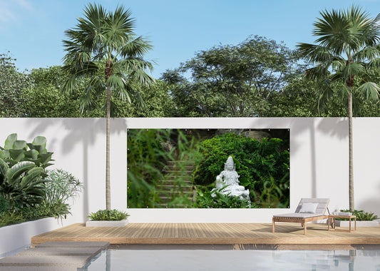Outdoor Bild Banner Außen Gartenposter wetterfest 370x180 cm Buddha Garten Treppe