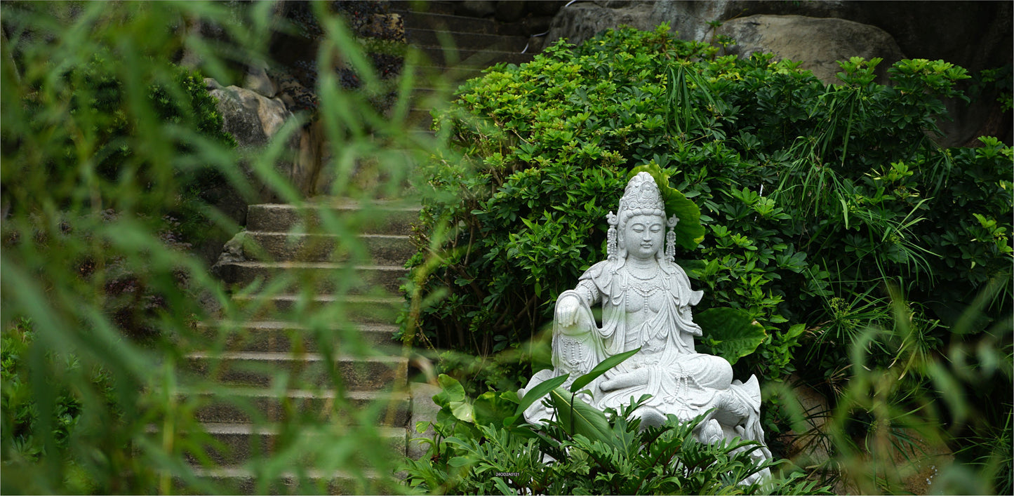Outdoor Bild Banner Außen Gartenposter wetterfest 370x180 Buddha Garten Treppe