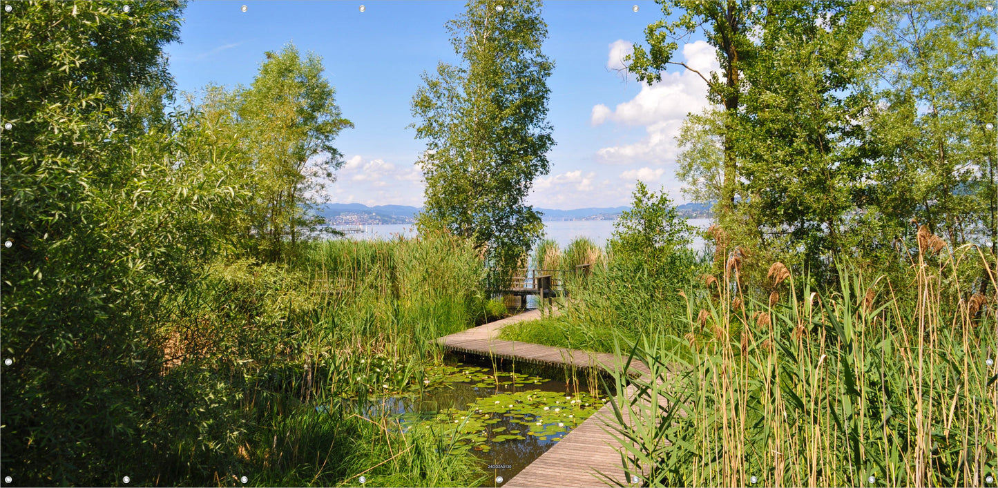 Outdoor Bild Banner Außen Gartenposter wetterfest 370x180 Steg See Landschaft