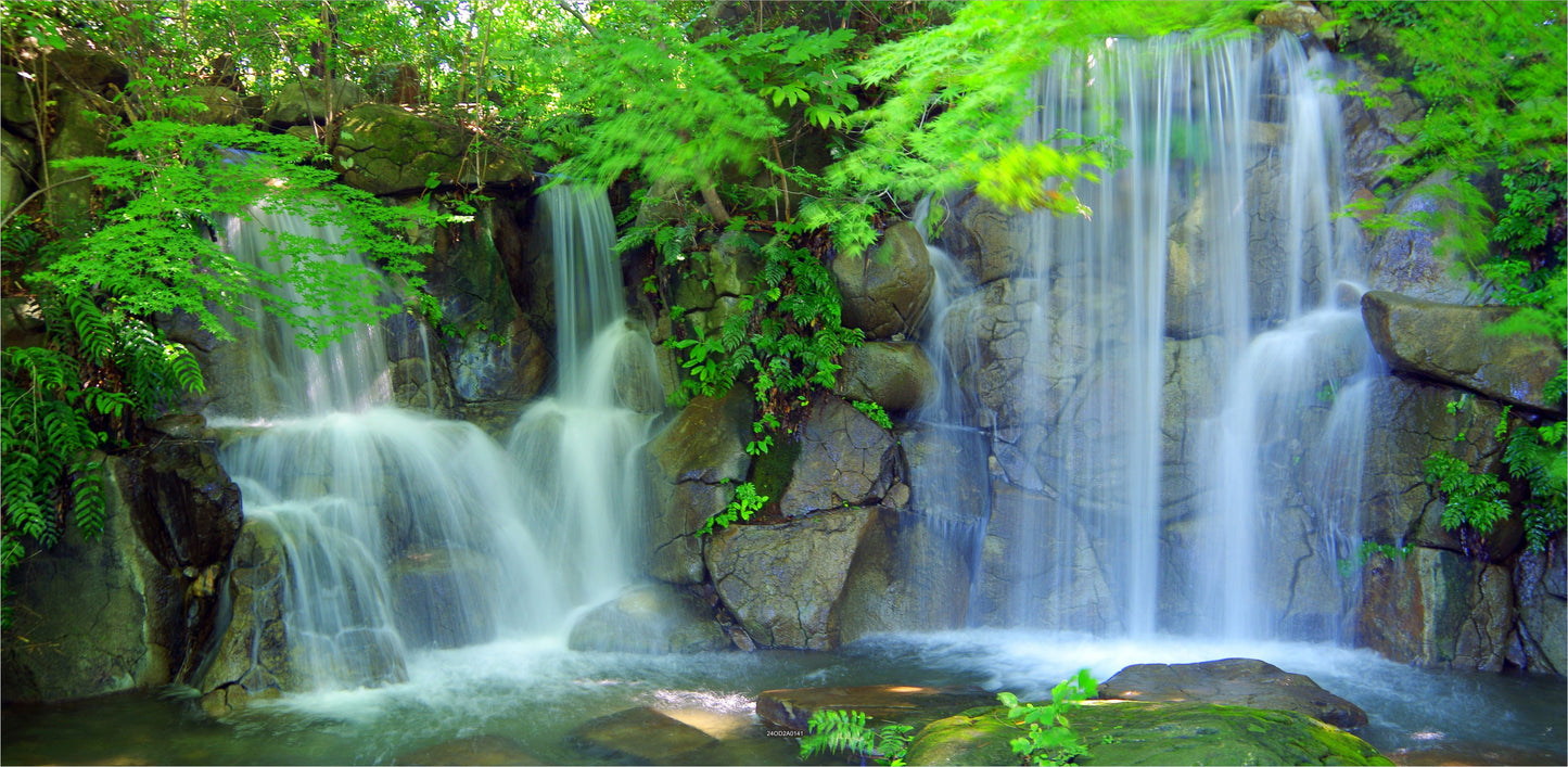 Outdoor Bild Banner Außen Gartenposter wetterfest 370x180 Wasserfall Wald See