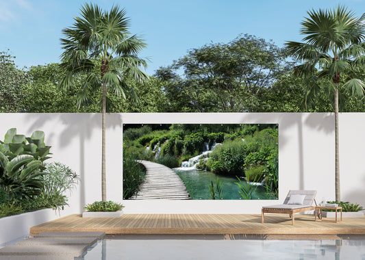 Outdoor Bild Banner Außen Gartenposter wetterfest 370x180 cm Wasserfall Landschaft