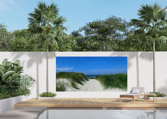 Outdoor Bild Banner Außen Gartenposter wetterfest 370x180 cm Meer Gras Strand