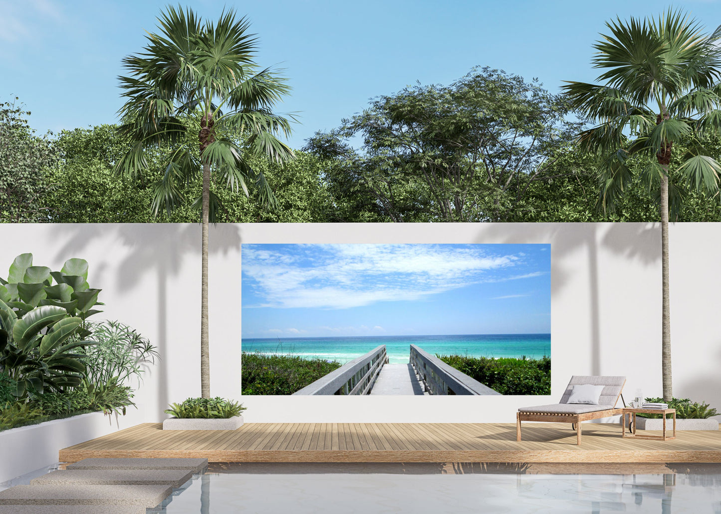 Outdoor Bild Banner Außen Gartenposter wetterfest 370x180 cm Holzbrücke Meer