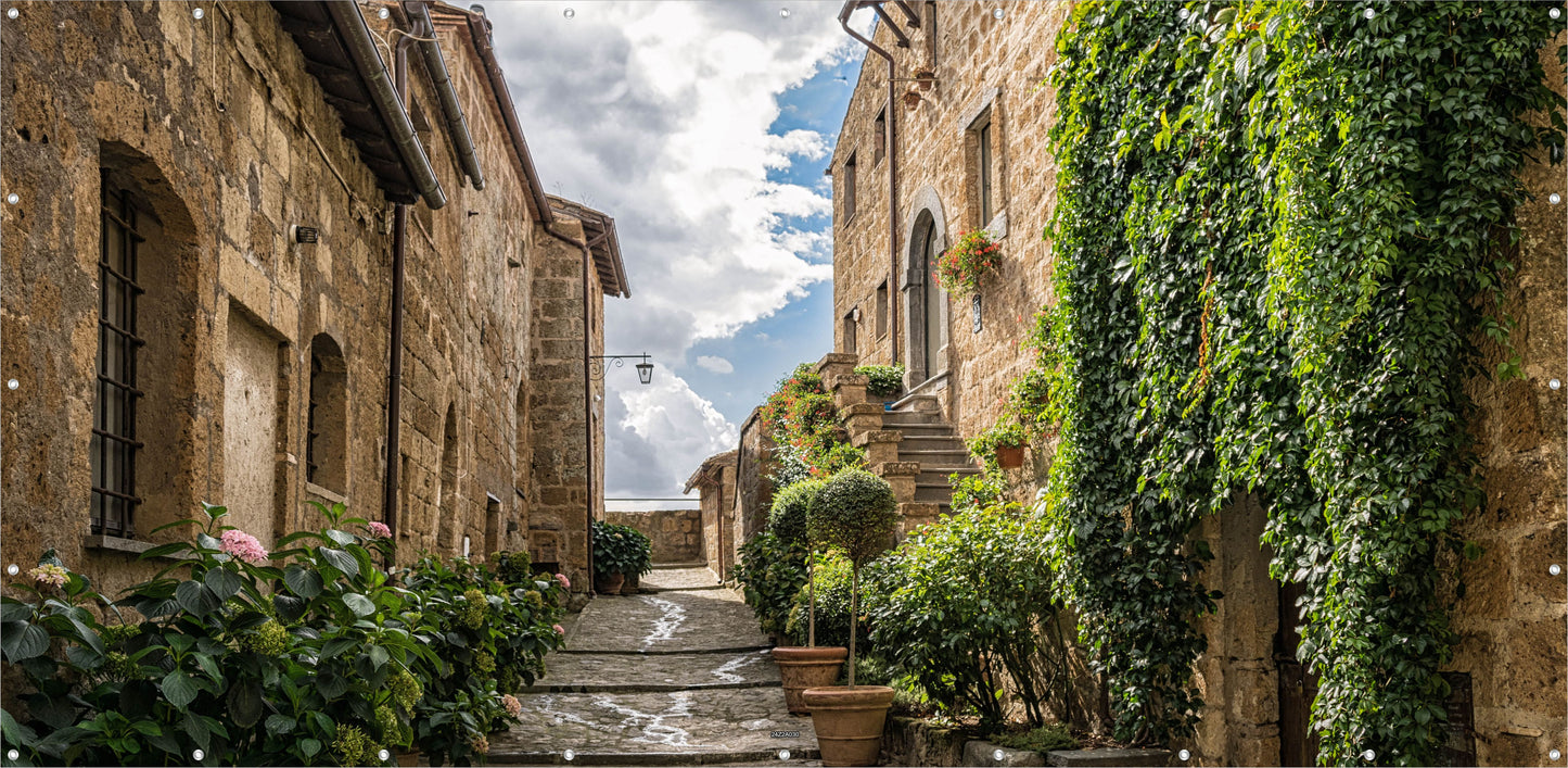 Outdoor Bild Banner Außen Gartenposter wetterfest 370x180cm Mediterran Gasse