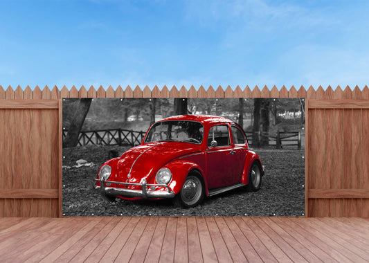 OUTDOOR BILD BANNER GARTENPOSTER WETTERFEST 370x180 AUTO OLDTIMER KÄFER ROT