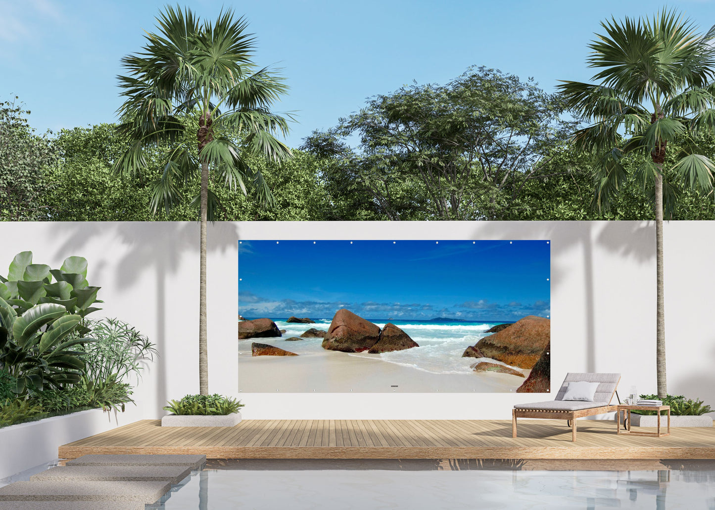 Outdoor Bild Banner Außen Gartenposter wetterfest 370x180 cm Meer Strand Fels