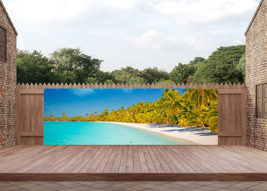 Outdoor Bild Banner Außen Gartenposter wetterfest 560x180 Palmenstrand Insel Meer
