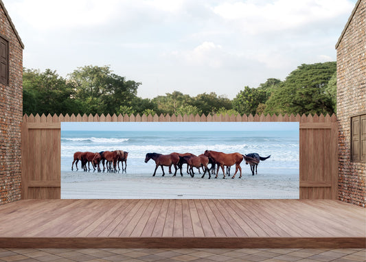 Outdoor Bild Banner Außen Gartenposter wetterfest 560x180 Strand Pferde Meer