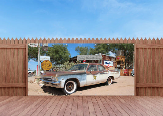 OUTDOOR BILD BANNER GARTENPOSTER WETTERFEST 370x180 AUTO US SHERIFF OLDTIMER