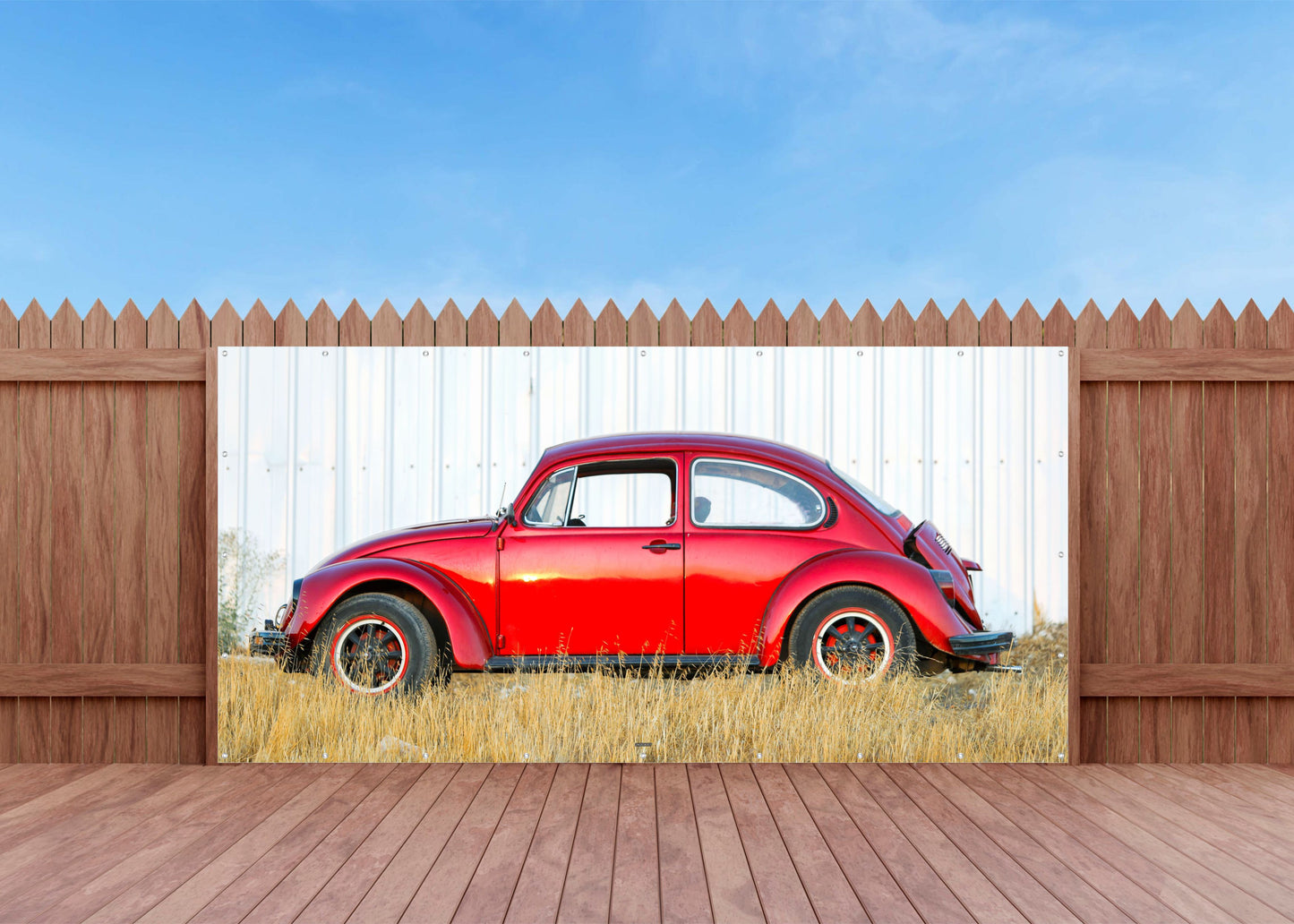 OUTDOOR BILD BANNER GARTENPOSTER WETTERFEST 370x180 AUTO VW KÄFER KULT ROT