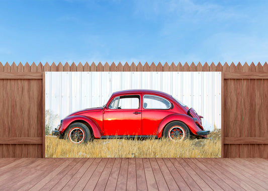 OUTDOOR BILD BANNER GARTENPOSTER WETTERFEST 370x180 AUTO VW KÄFER KULT ROT
