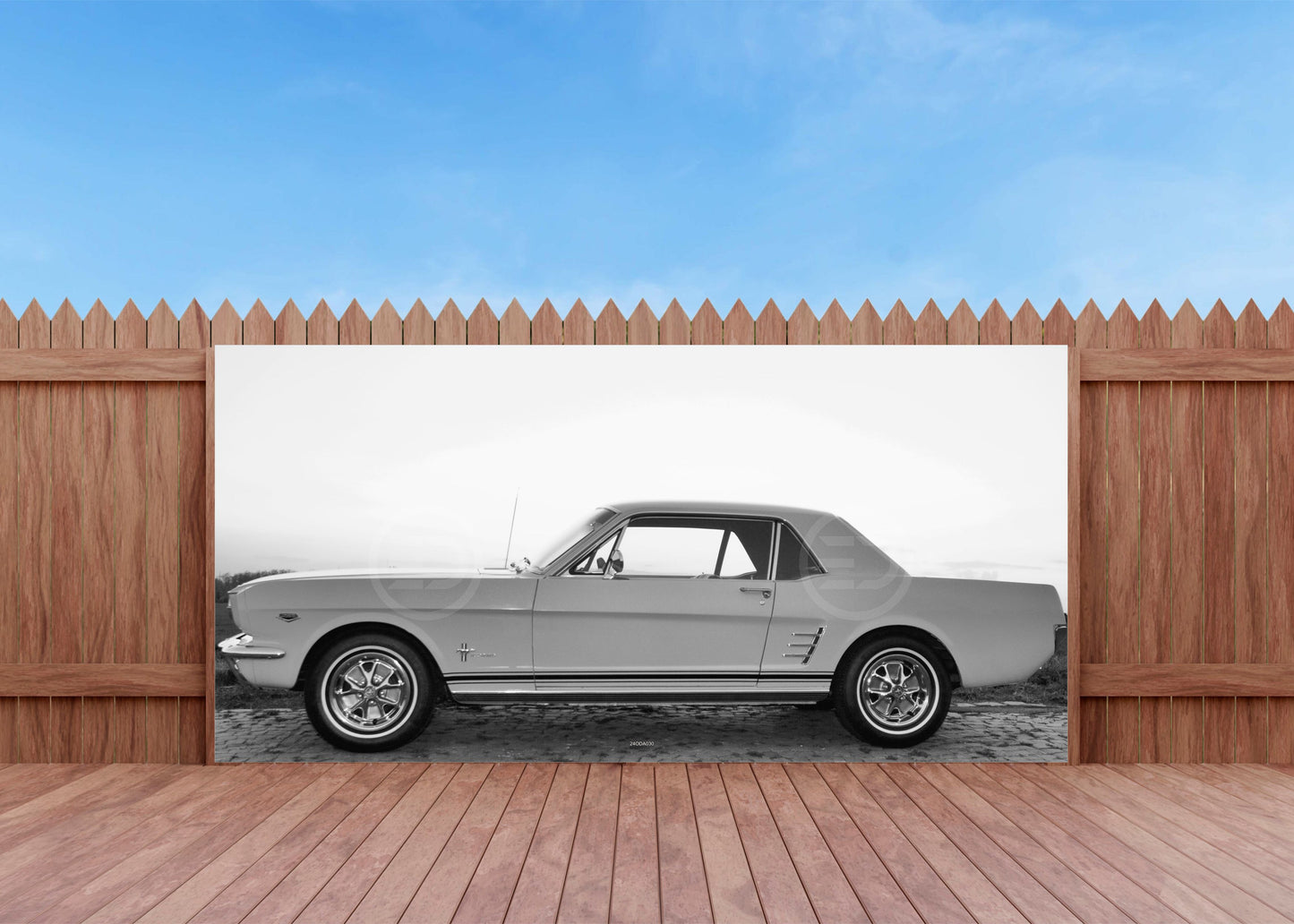 OUTDOOR BILD BANNER GARTENPOSTER WETTERFEST 370x180 AUTO OLDTIMER MUSTANG S/W