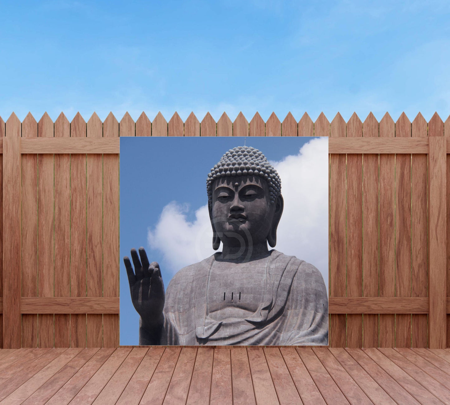 Outdoor Bild Banner Außen Gartenposter Wetterfest 180x180 Buddha Stein Grau
