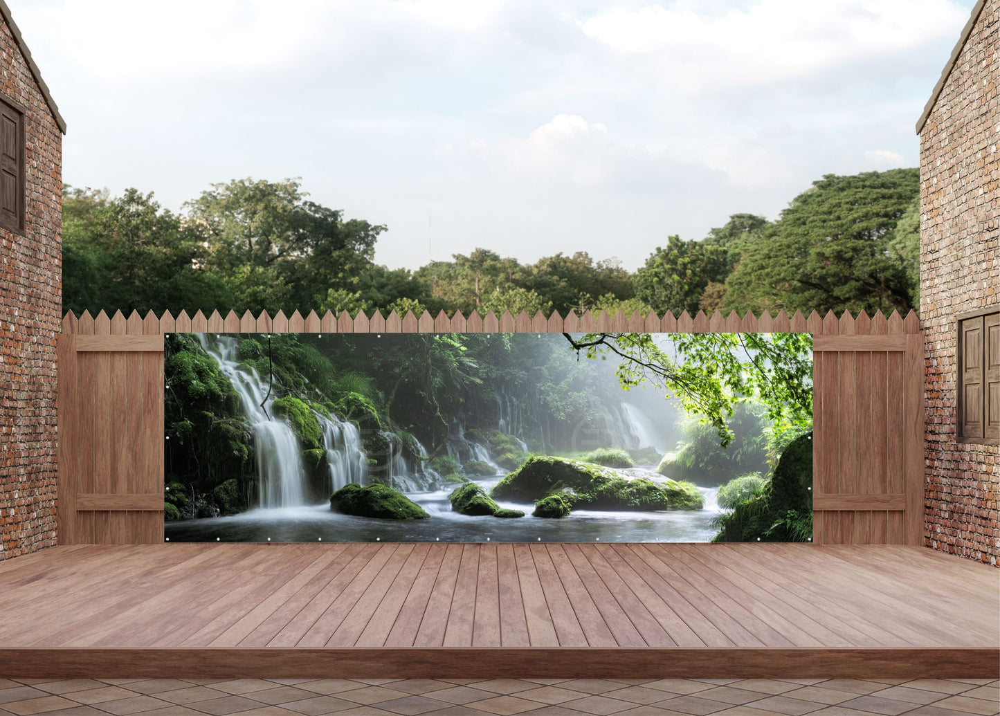Outdoor Bild Banner Draußen Gartenposter wetterfest 560x180 Wasserfall Wald Natur