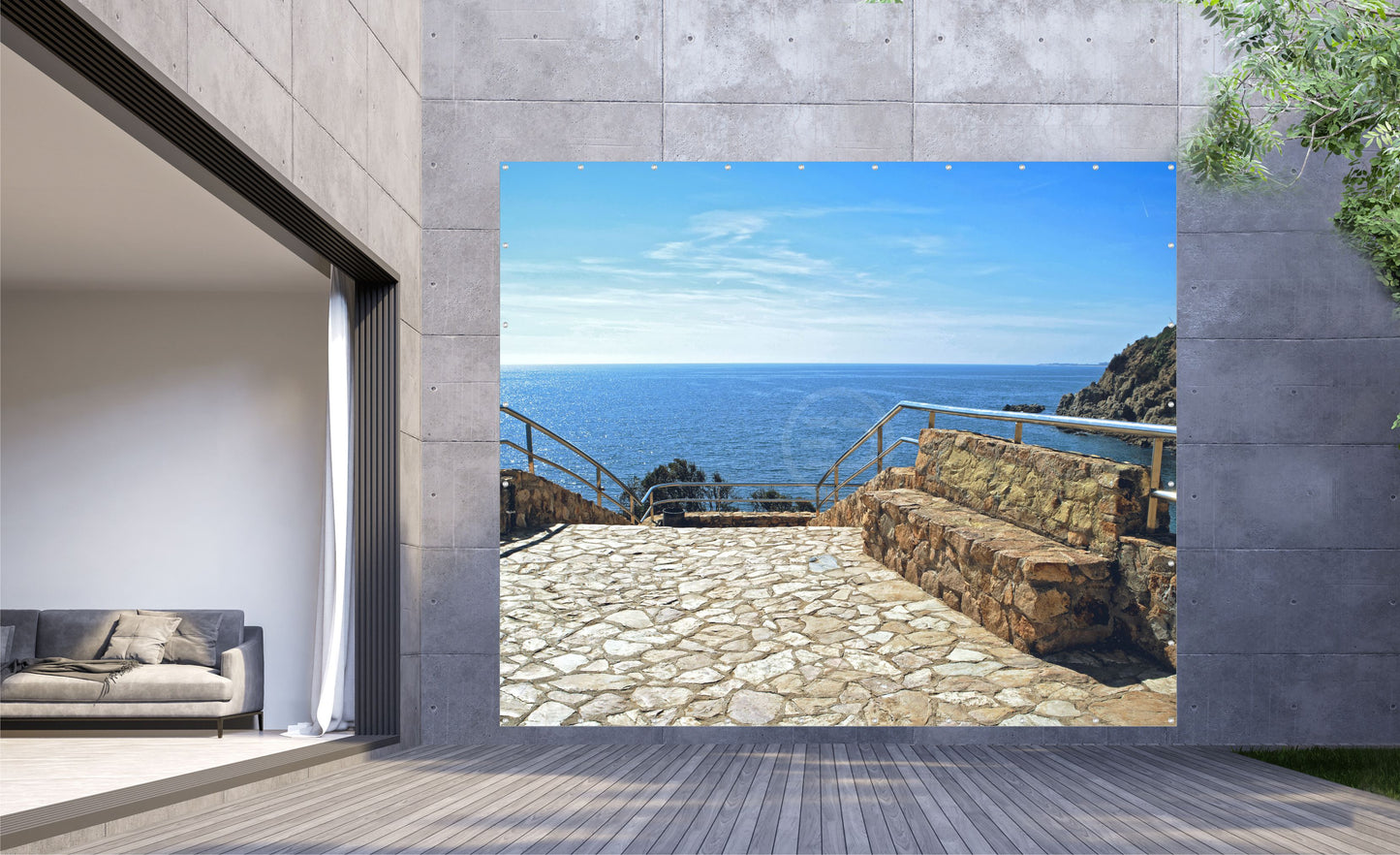 Outdoor Bild Banner Gartenposter Außen wetterfest XXL 300x250 Treppe Aussicht Meer
