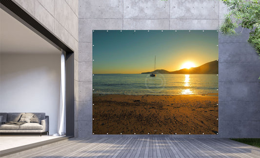 Outdoor Bild Banner Gartenposter Außen wetterfest XXL 300x250 Abend Boot Bucht Meer