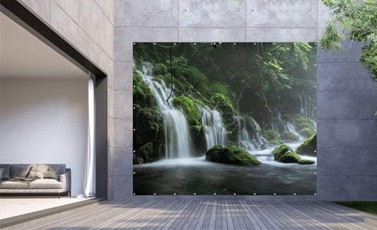 Outdoor Bild Banner Gartenposter Außen wetterfest XXL 300x250 Wasserfall Wald Natur