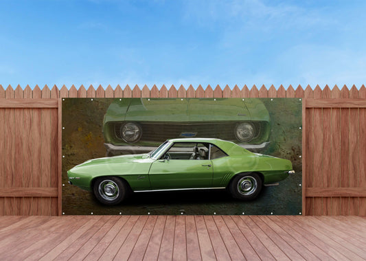 OUTDOOR BILD BANNER GARTENPOSTER WETTERFEST 370x180 AUTO US CAR GRÜN