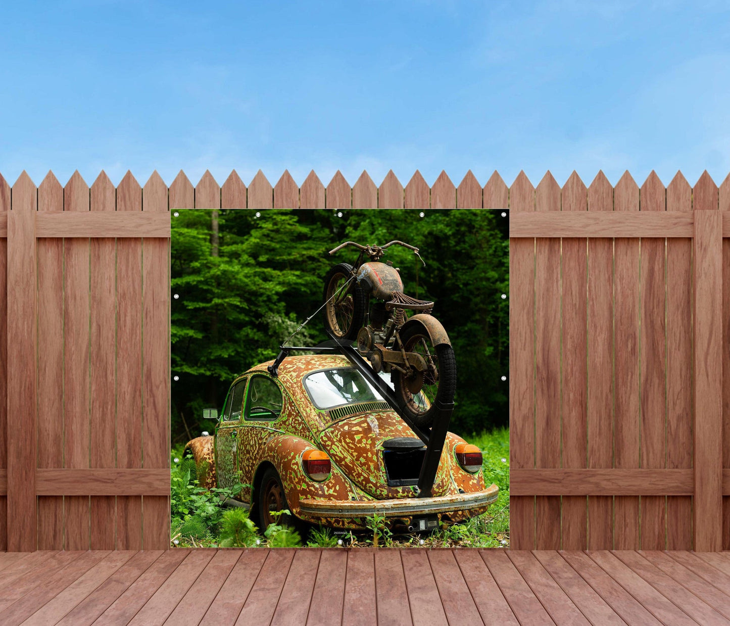 OUTDOOR BILD BANNER GARTENPOSTER AUSSEN WETTERFEST 180x180 AUTO VW KÄFER WALD