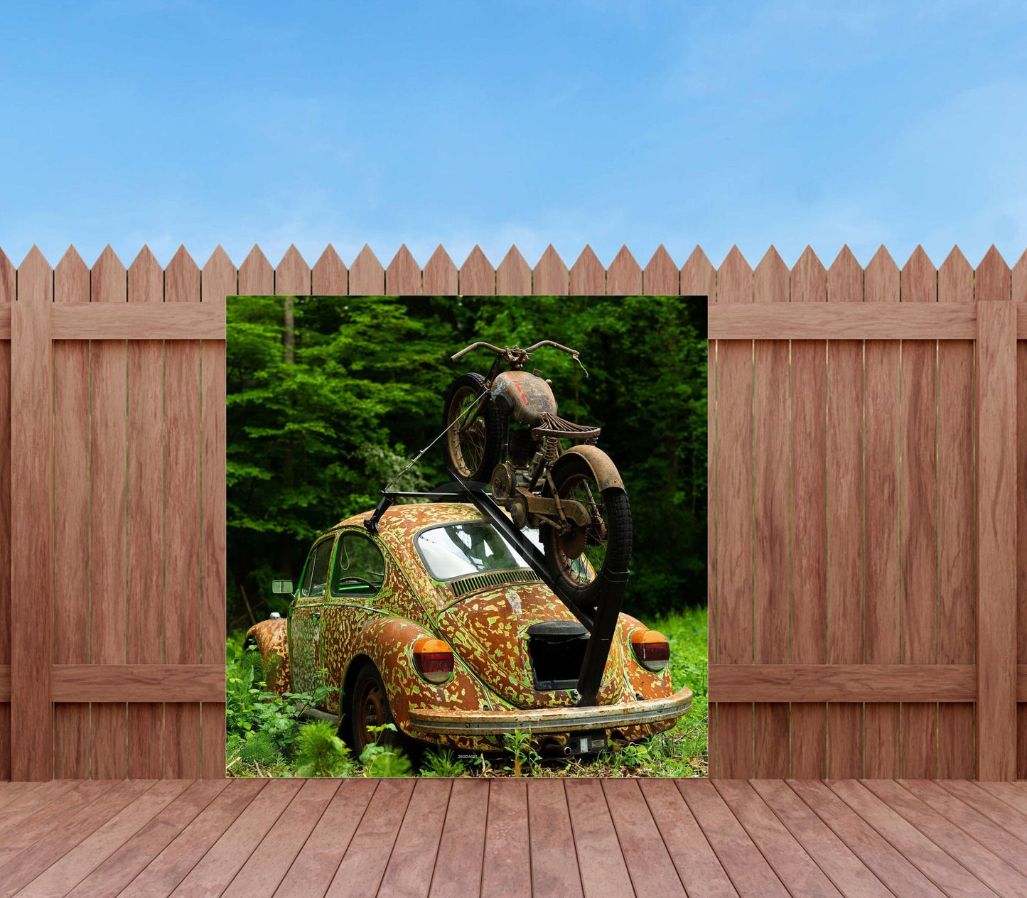 OUTDOOR BILD BANNER GARTENPOSTER AUSSEN WETTERFEST 180x180 AUTO VW KÄFER WALD