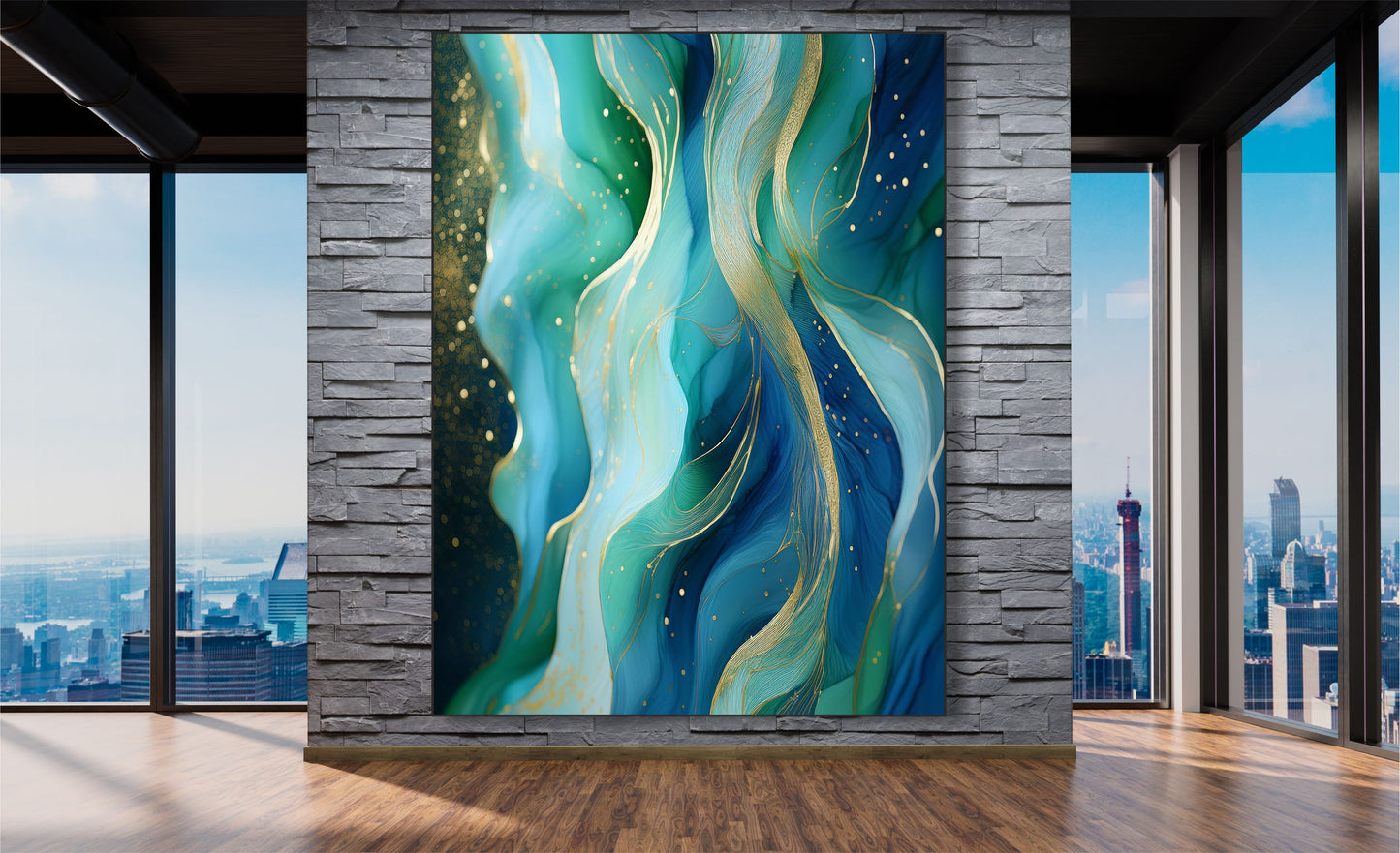 WANDBILD MIT RAHMEN 150x200 ABSTRAKT BILDER XXL WOHNZIMMER KUNST BLAU GOLD