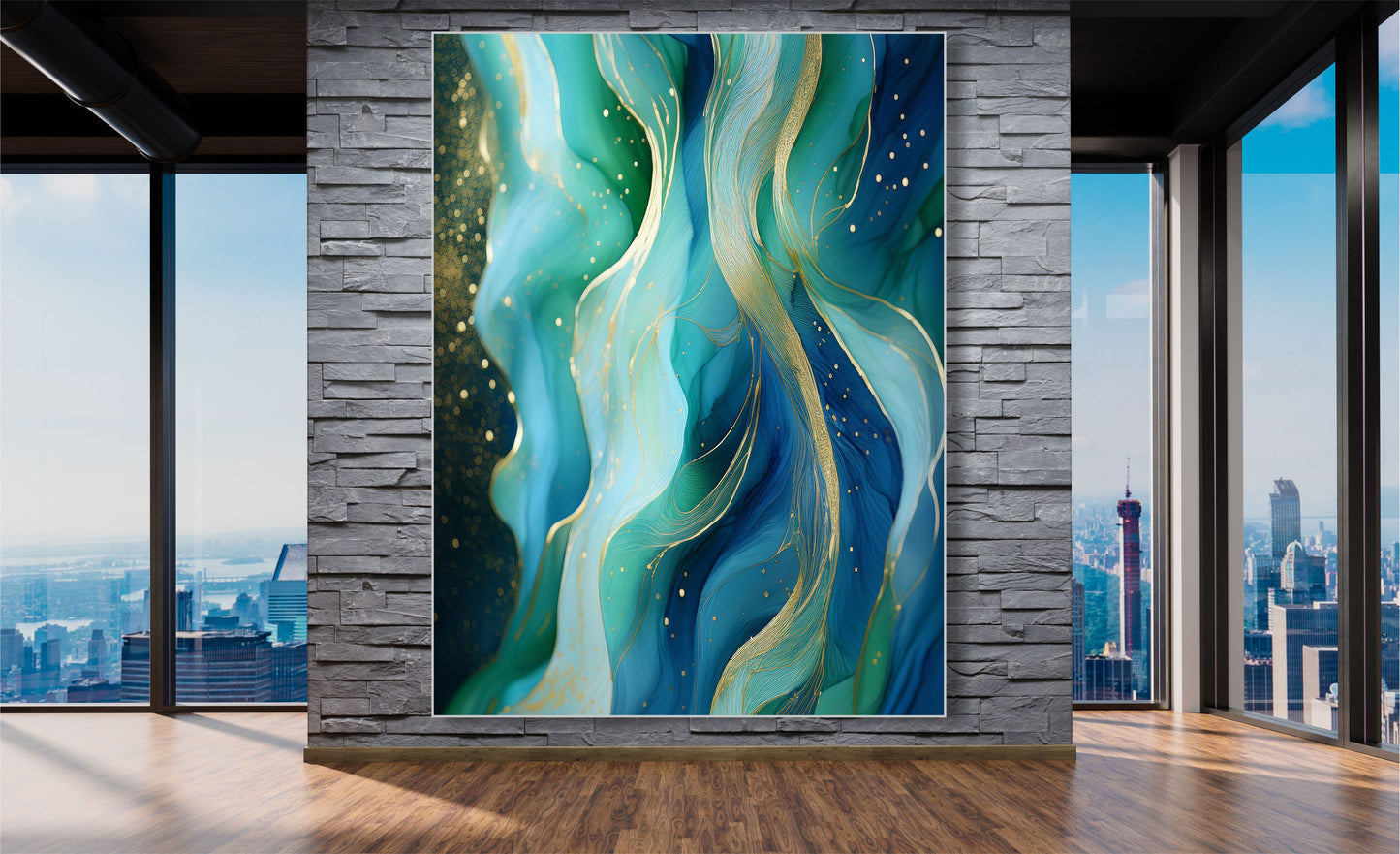 WANDBILD MIT RAHMEN 150x200 ABSTRAKT BILDER XXL WOHNZIMMER KUNST BLAU GOLD