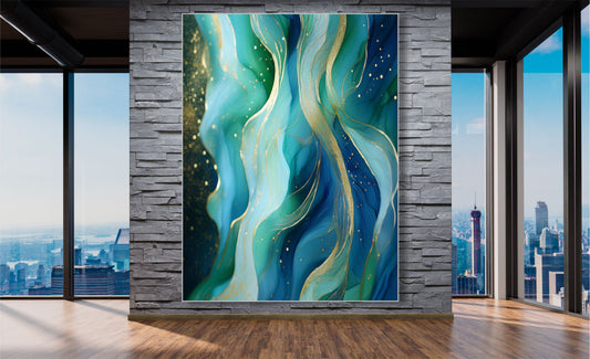 WANDBILD MIT RAHMEN 150x200 ABSTRAKT BILDER XXL WOHNZIMMER KUNST BLAU GOLD